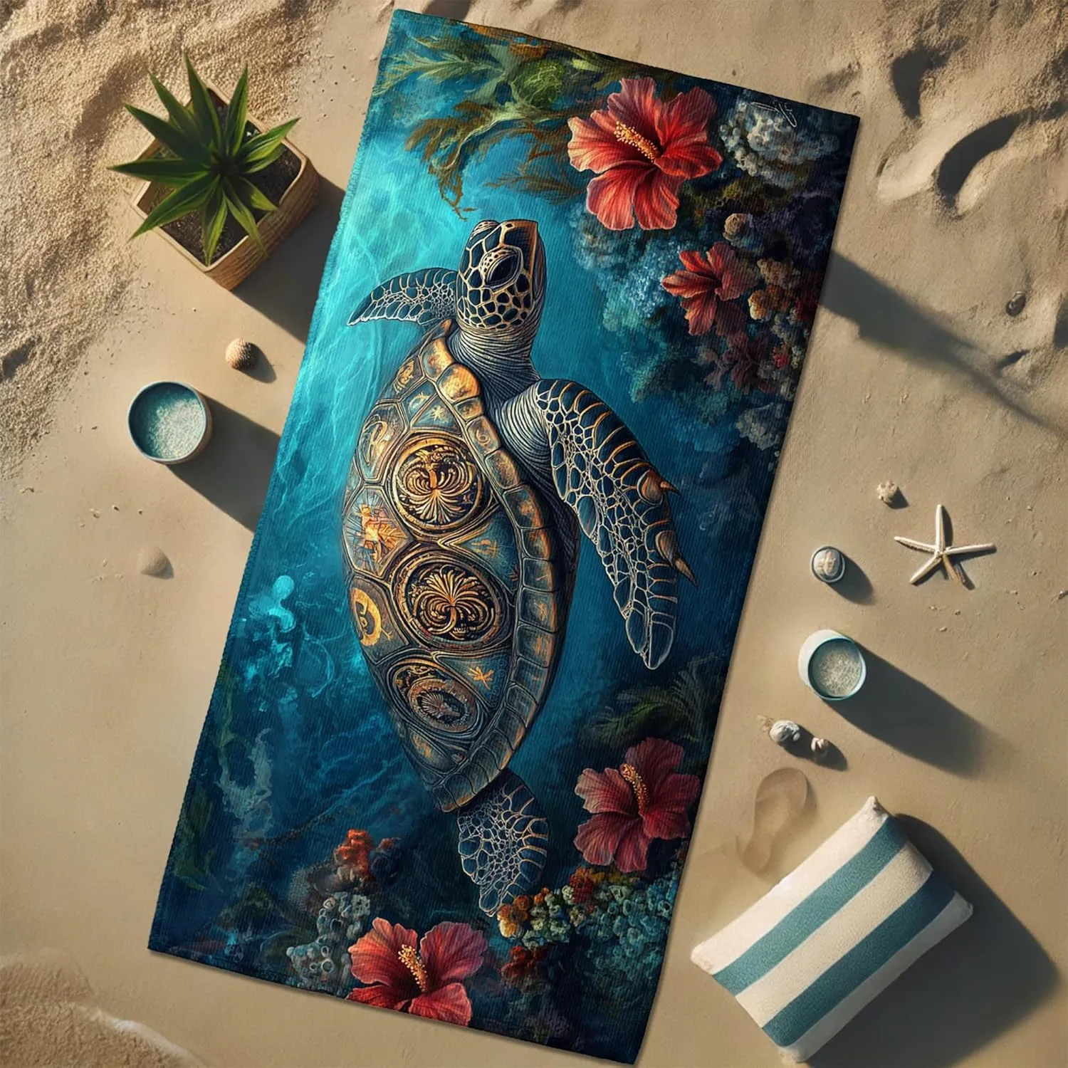 Artistic Turtle Microfiber Beach Towel Vibrant Ocean Sea Blue Ocean Creatures Design Quick Dry Absorbent Sand Free Lightweight Beach Blanket, Travel Pool Outdoor Picnic Essentials 62x31 Inch