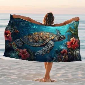 Artistic Turtle Microfiber Beach Towel Vibrant Ocean Sea Blue Ocean Creatures Design Quick Dry Absorbent Sand Free Lightweight Beach Blanket, Travel Pool Outdoor Picnic Essentials 62x31 Inch