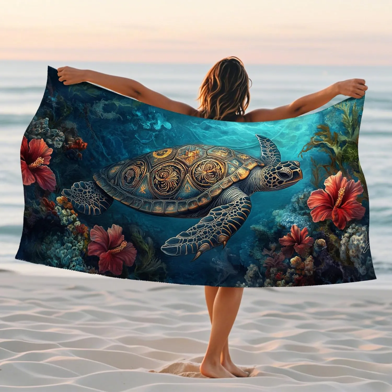 Artistic Turtle Microfiber Beach Towel Vibrant Ocean Sea Blue Ocean Creatures Design Quick Dry Absorbent Sand Free Lightweight Beach Blanket, Travel Pool Outdoor Picnic Essentials 62x31 Inch
