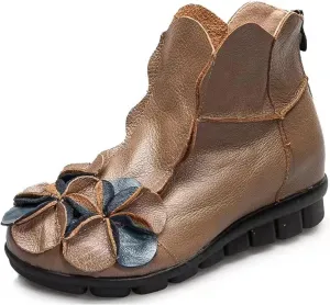 AUNTHUI Women's Leather Fleece Hand-Stitched Wedge Bohemian Flower Ankle Boots,Back Zipper Warm Non-Slip Retro Casual Shoes