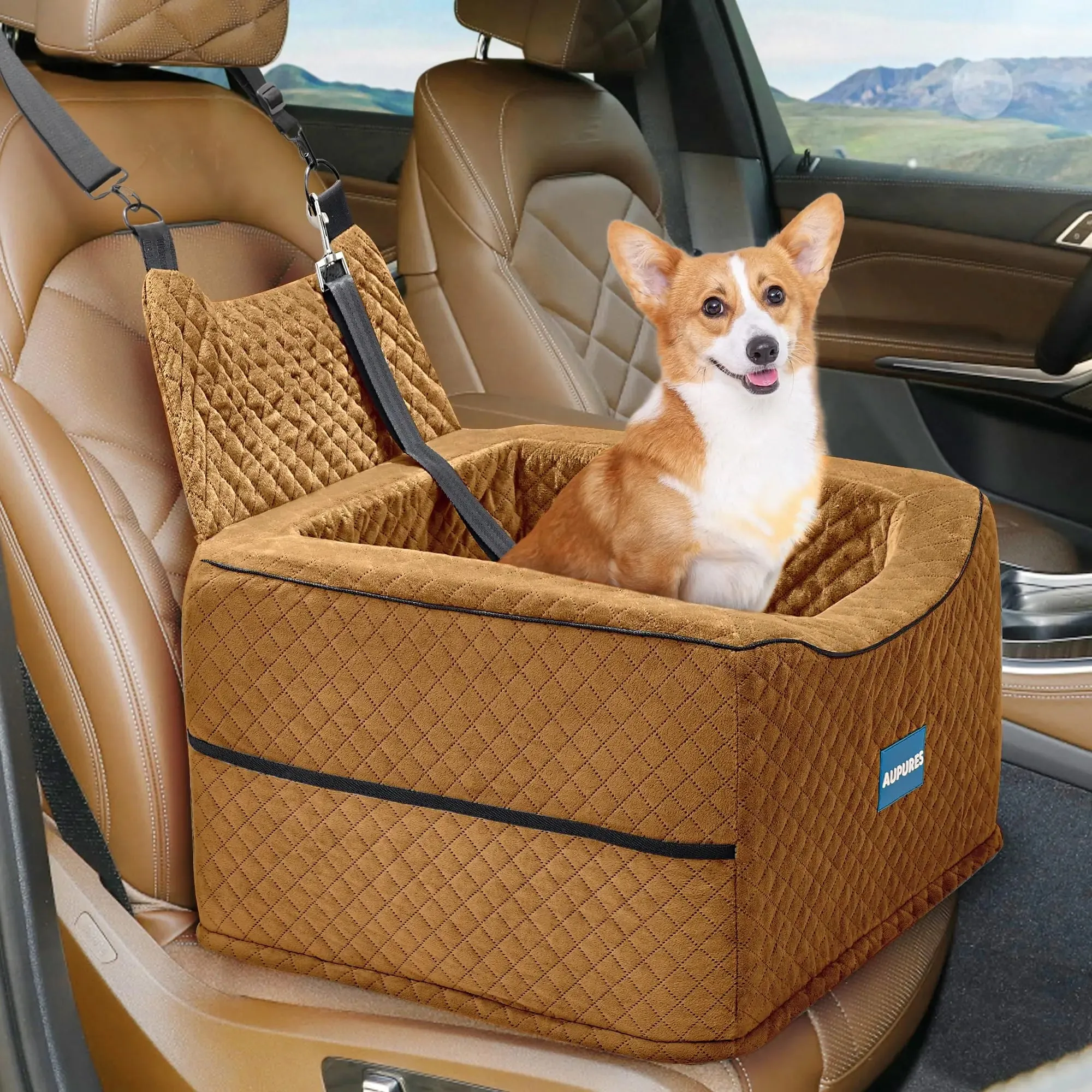 Aupures Dog Car Seat-Perfect Dog Car Seats for Small Medium Dogs Under 40 lbsDog Booster Car Seat with Adjustable HeightSmall Dog Car SeatPet Car SeatDog Car Carrier with Removable Cushion (Brown)