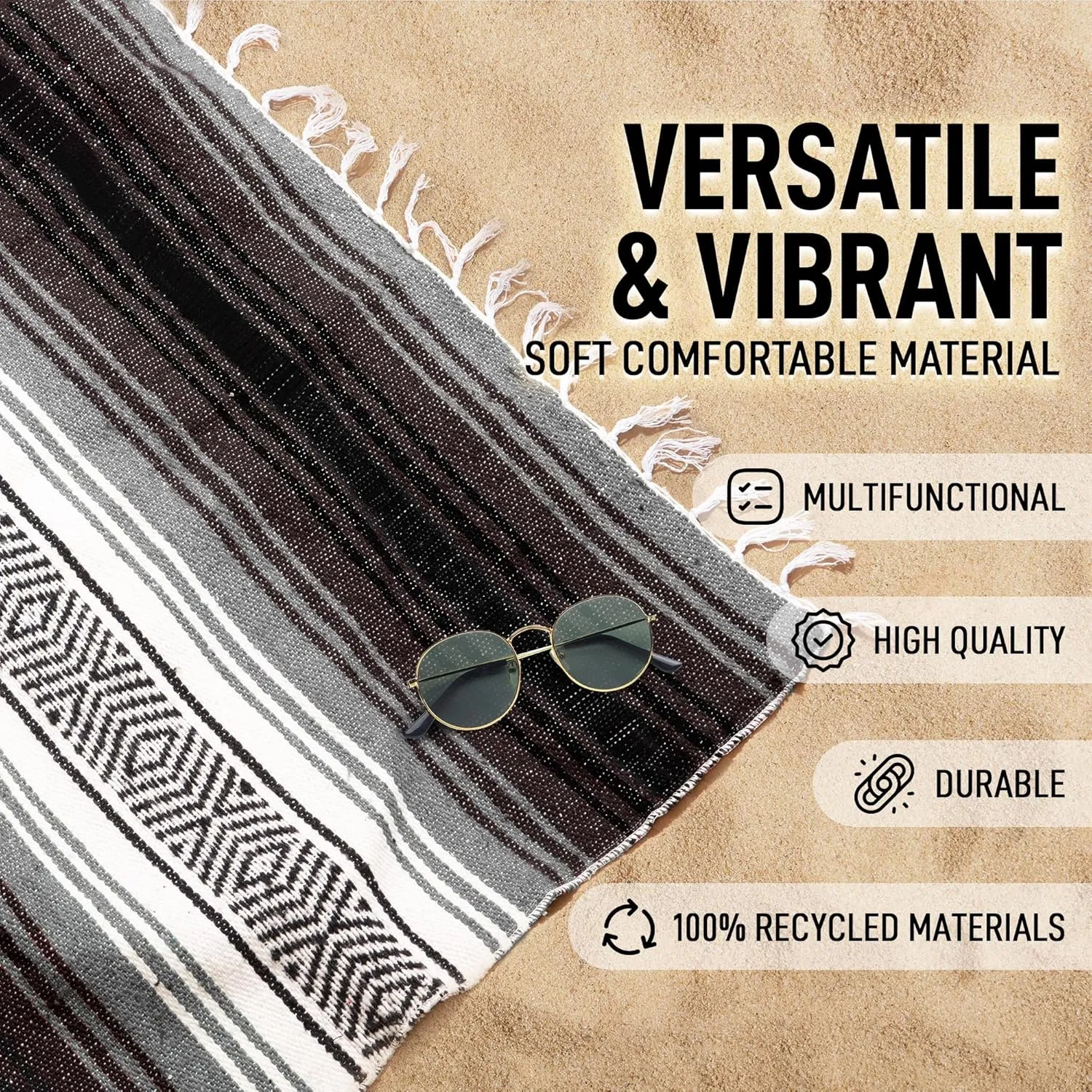 Authentic Extra Large Mexican Blanket - 70"x50" Handwoven Yoga, Serape, Artisanal Falsa, Beach, Camping, Picnic, Outdoor Blanket (Brown)