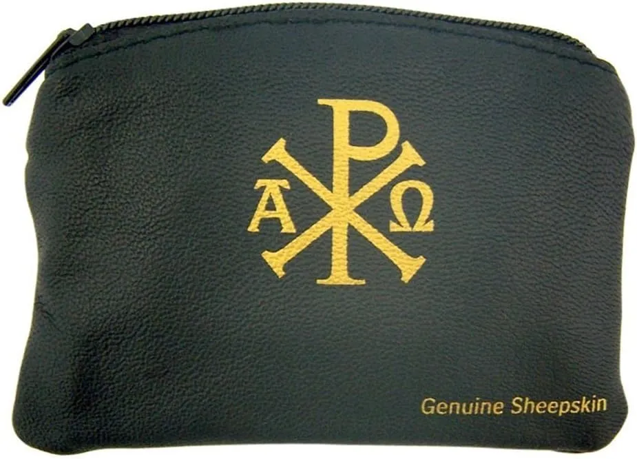 Ava Maria and Chi Rho Cross Sheepskin Leather Rosary Case with Velvet Lining, Black, 3 1/4 Inch