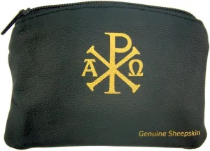 Ava Maria and Chi Rho Cross Sheepskin Leather Rosary Case with Velvet Lining, Black, 3 1/4 Inch