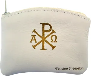 Ava Maria and Chi Rho Cross Sheepskin Leather Rosary Case with Velvet Lining, White, 3 1/4 Inch