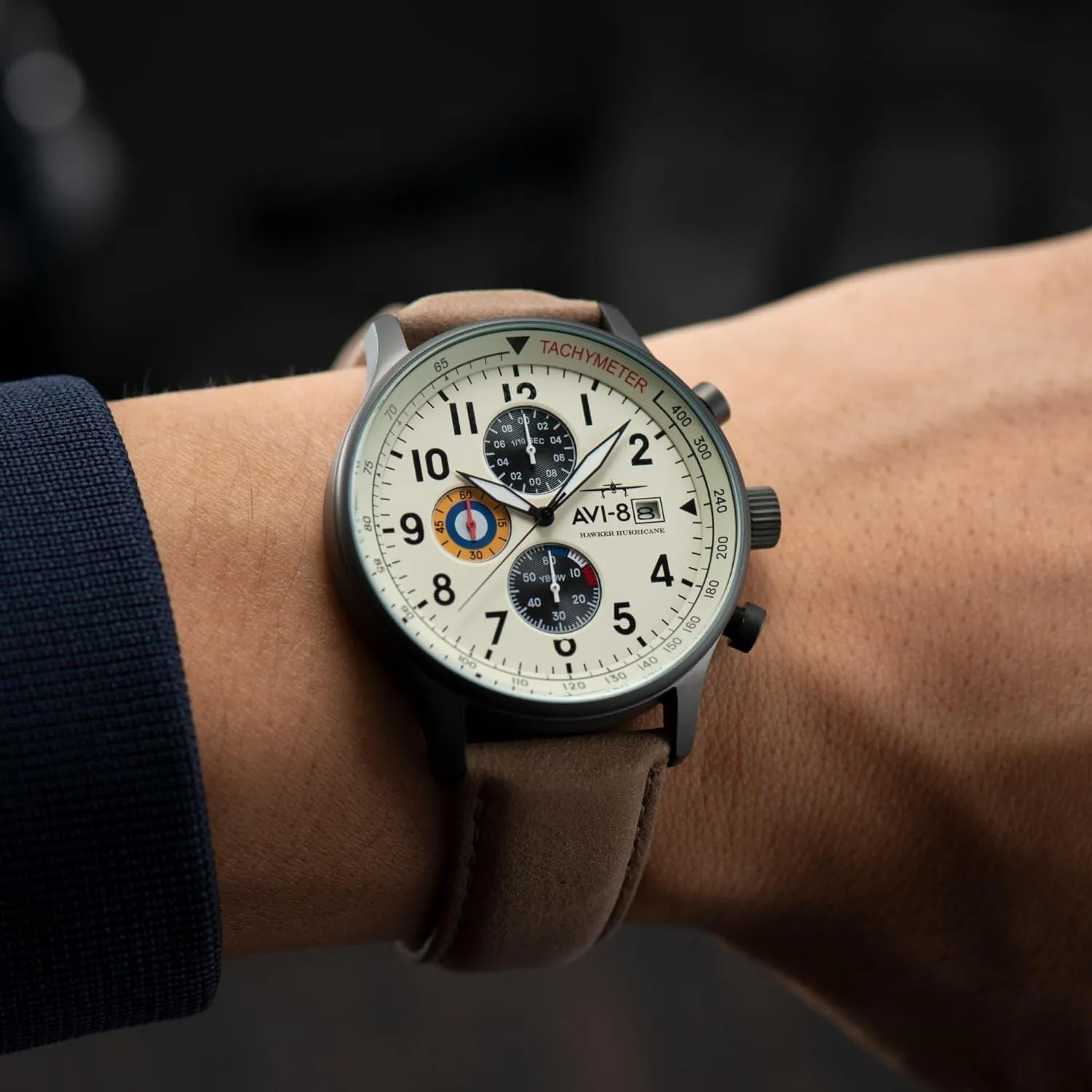 AVI-8 Mens 42mm Hawker Hurricane Classic Chronograph Pilot Japanese Quartz Watch with Leather Strap AV-4011