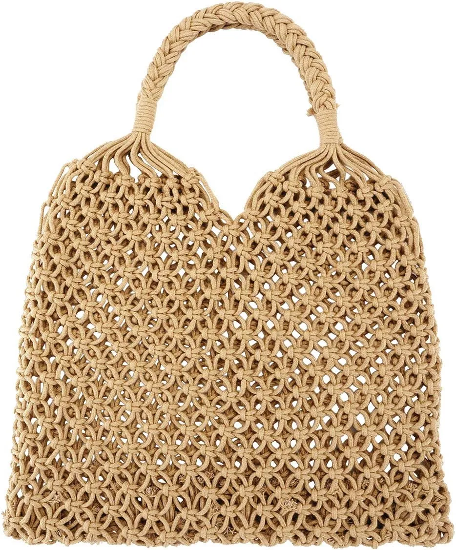 Ayliss Handmade Straw Bag Travel Beach Fishing Net Handbag Shopping Woven Shoulder Bag for Women