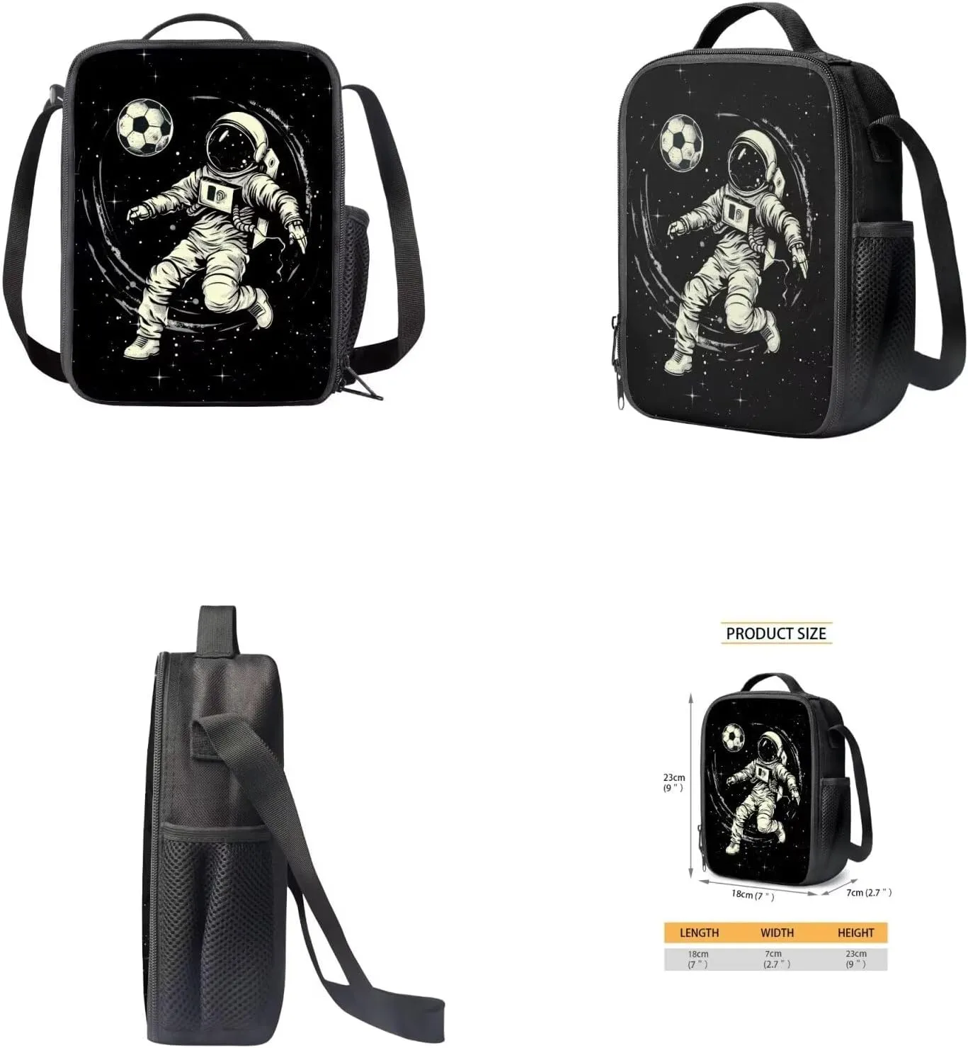 Backpack for Boys Girls Astronaut Playing Soccer Lunch Bag with Handles Novelty Pencil Case for Stationery Essentials Reusable Water Bottle Holder with Adjustable Strap 4PCS Backpack Set