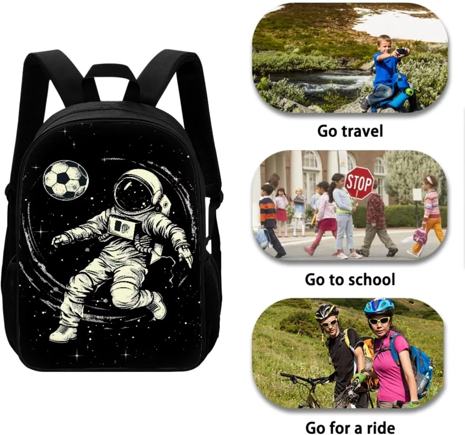 Backpack for Boys Girls Astronaut Playing Soccer Lunch Bag with Handles Novelty Pencil Case for Stationery Essentials Reusable Water Bottle Holder with Adjustable Strap 4PCS Backpack Set
