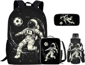 Backpack for Boys Girls Astronaut Playing Soccer Lunch Bag with Handles Novelty Pencil Case for Stationery Essentials Reusable Water Bottle Holder with Adjustable Strap 4PCS Backpack Set
