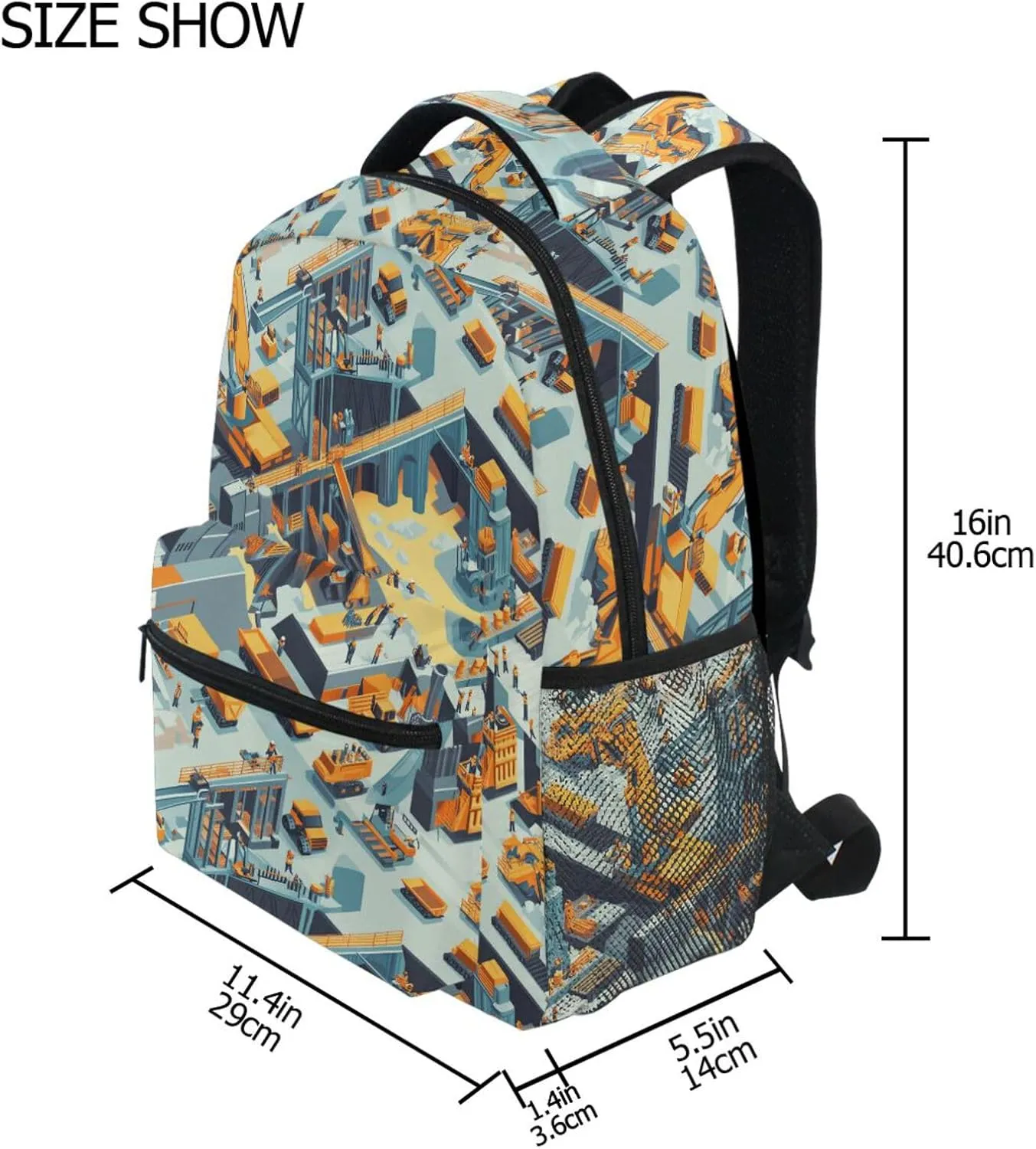 Backpack for Teenager Waterproof School Book Bag with Chest Strap Gift Men & Women Construction Scene Concrete Mixer Truck