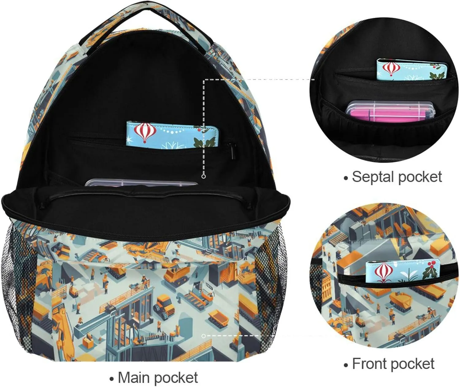Backpack for Teenager Waterproof School Book Bag with Chest Strap Gift Men & Women Construction Scene Concrete Mixer Truck
