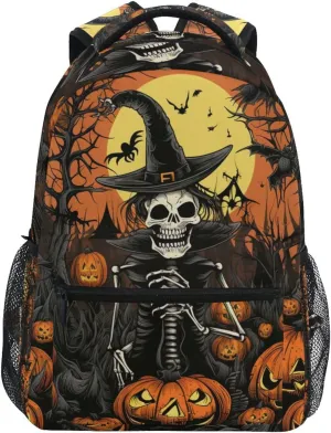Backpack Pumpkins Surrounding Skeleton Daypack Shoulder Bag Book Bag Lightweight Back Pack 11.4 ×16 In