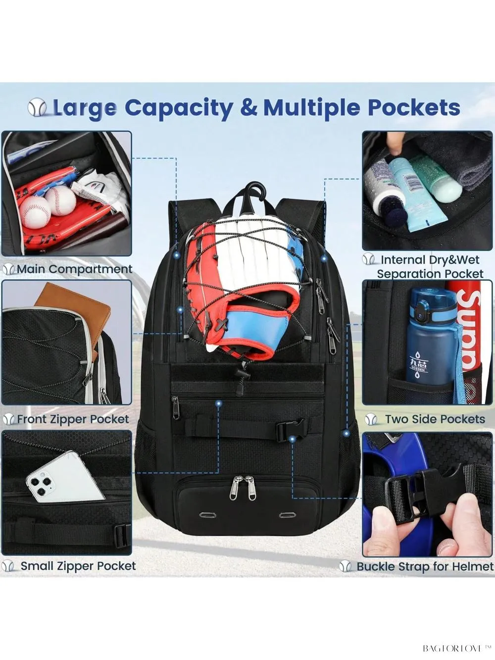 BagForLove - Water-Resistant Baseball Backpack For Adults With Bat Sleeve and Fence Hook