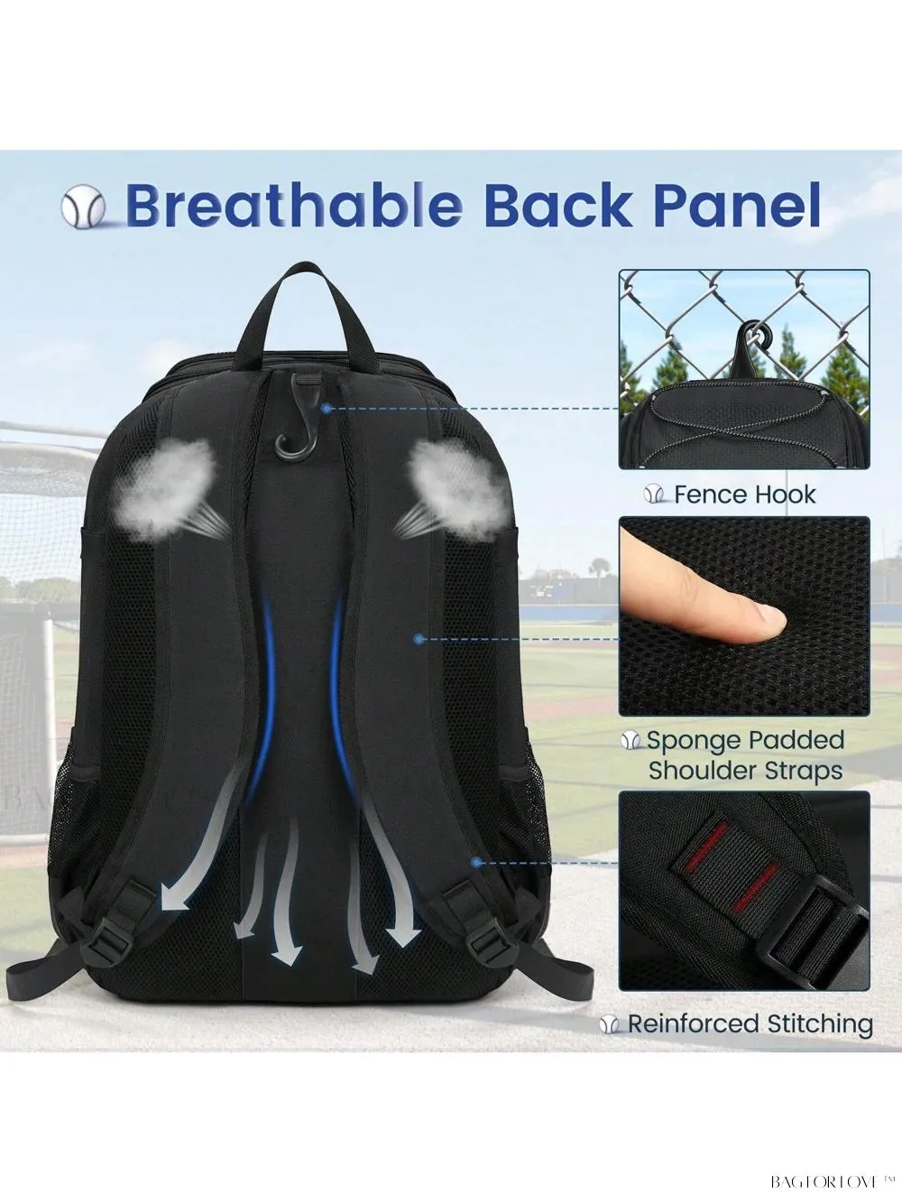 BagForLove - Water-Resistant Baseball Backpack For Adults With Bat Sleeve and Fence Hook