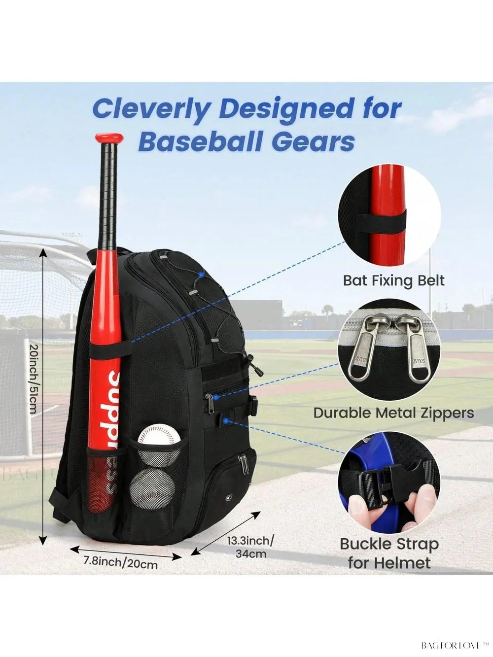 BagForLove - Water-Resistant Baseball Backpack For Adults With Bat Sleeve and Fence Hook