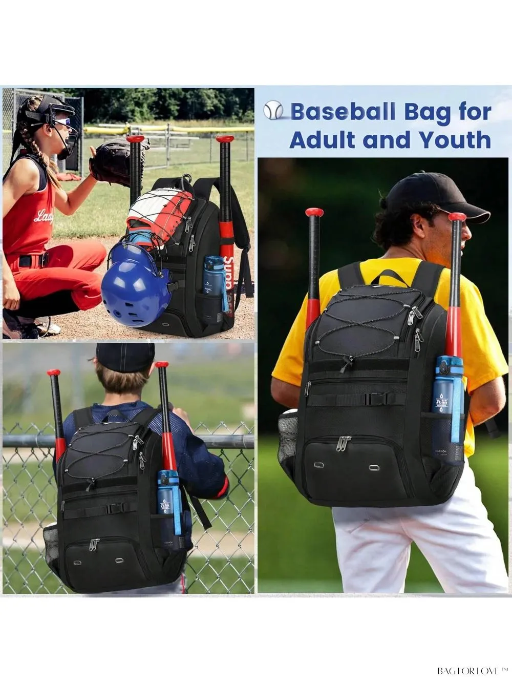 BagForLove - Water-Resistant Baseball Backpack For Adults With Bat Sleeve and Fence Hook