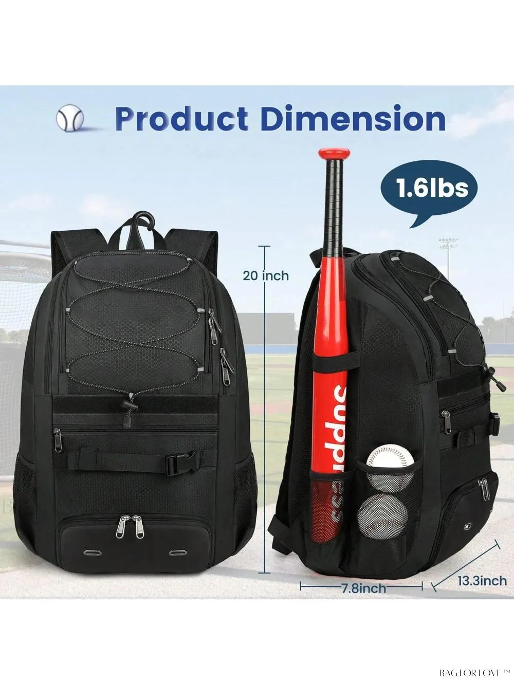 BagForLove - Water-Resistant Baseball Backpack For Adults With Bat Sleeve and Fence Hook