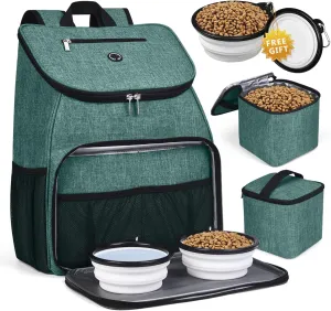BAGLHER丨Dog Travel Bag, Airline Approved Pet Supplies Backpack, Dog Travel Backpack Accessories Set with 2 Silicone Collapsible Bowls and 2 Food Baskets. Green