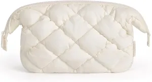 BAGSMART Quilted Travel Makeup Bag, Puffy Toiletry Organizer with Wide Opening, Cosmetic Storage for Women's Accessories, Beige