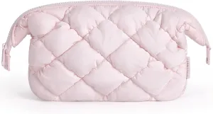 BAGSMART Quilted Travel Makeup Bag, Puffy Toiletry Organizer with Wide Opening, Cosmetic Storage for Women's Accessories, Pink