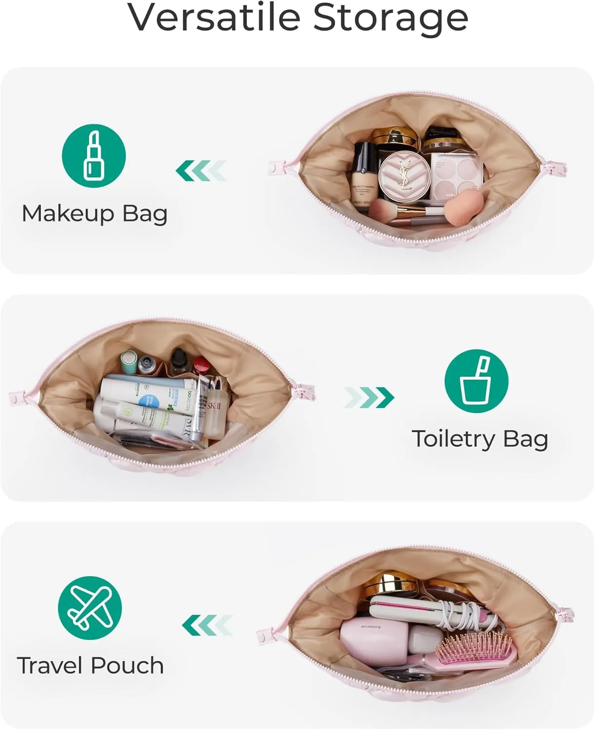 BAGSMART Quilted Travel Makeup Bag, Puffy Toiletry Organizer with Wide Opening, Cosmetic Storage for Women's Accessories, Pink