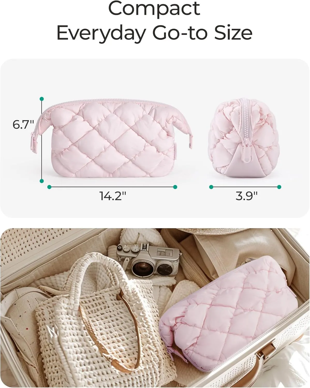BAGSMART Quilted Travel Makeup Bag, Puffy Toiletry Organizer with Wide Opening, Cosmetic Storage for Women's Accessories, Pink