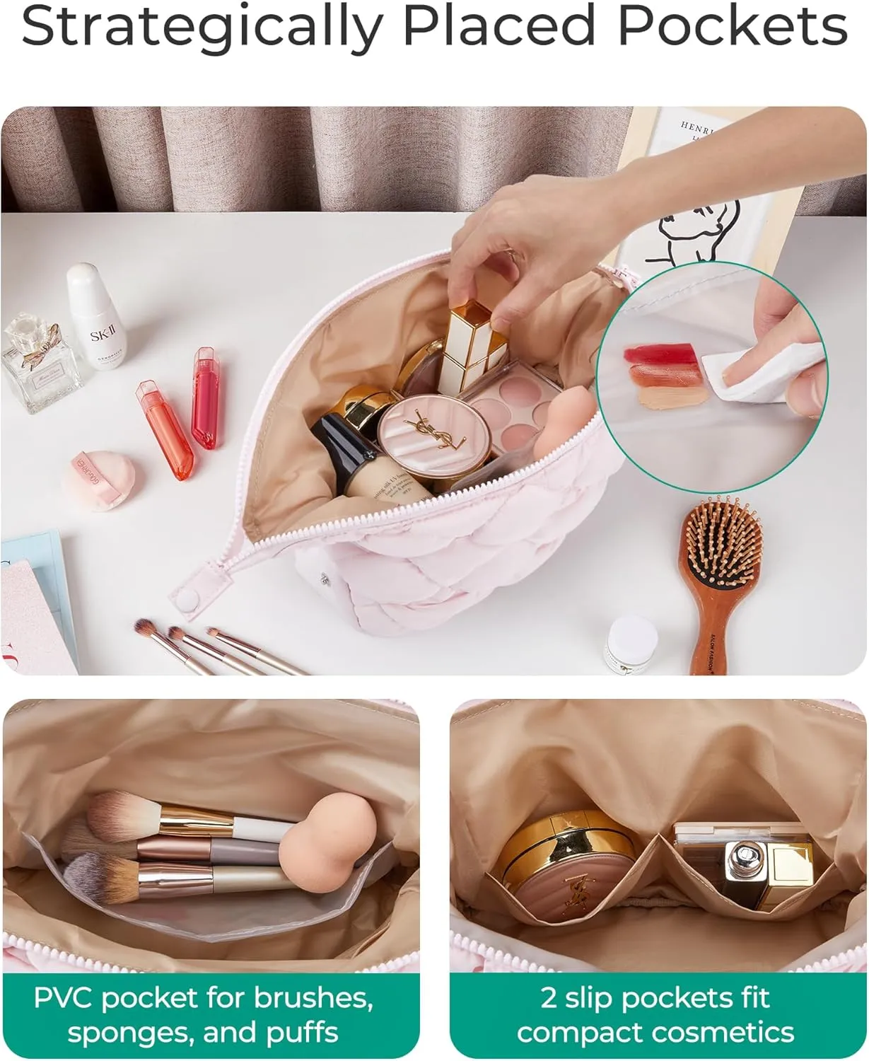 BAGSMART Quilted Travel Makeup Bag, Puffy Toiletry Organizer with Wide Opening, Cosmetic Storage for Women's Accessories, Pink