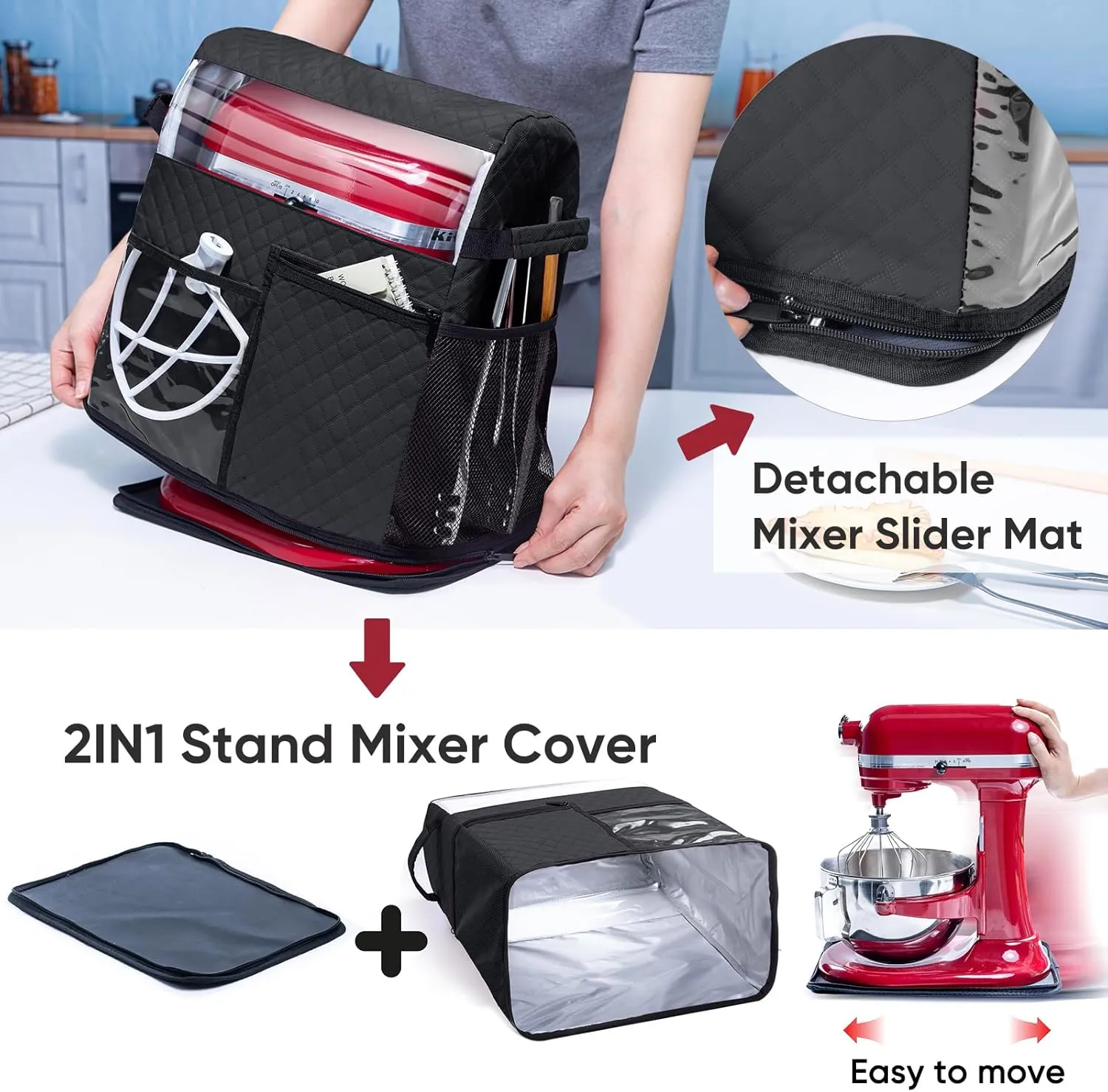 BAGSPRITE Stand Mixer Cover with Detachable Appliance Sliders Base Compatible with KitchenAid Mixer-Storage Bag for 6/7/8 Quart with Pockets for Kitchen Aid Accessories and Attachments