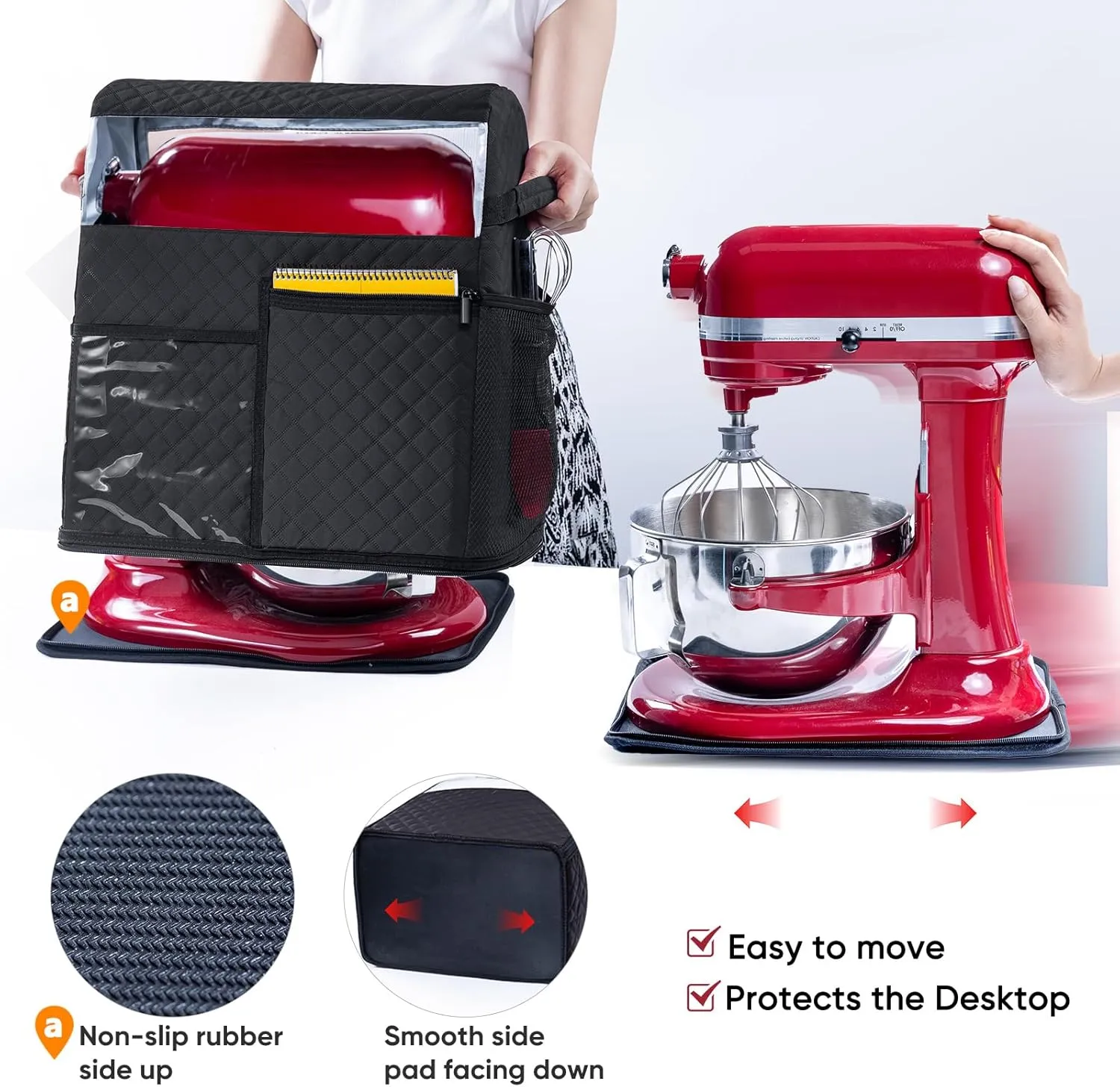 BAGSPRITE Stand Mixer Cover with Detachable Appliance Sliders Base Compatible with KitchenAid Mixer-Storage Bag for 6/7/8 Quart with Pockets for Kitchen Aid Accessories and Attachments