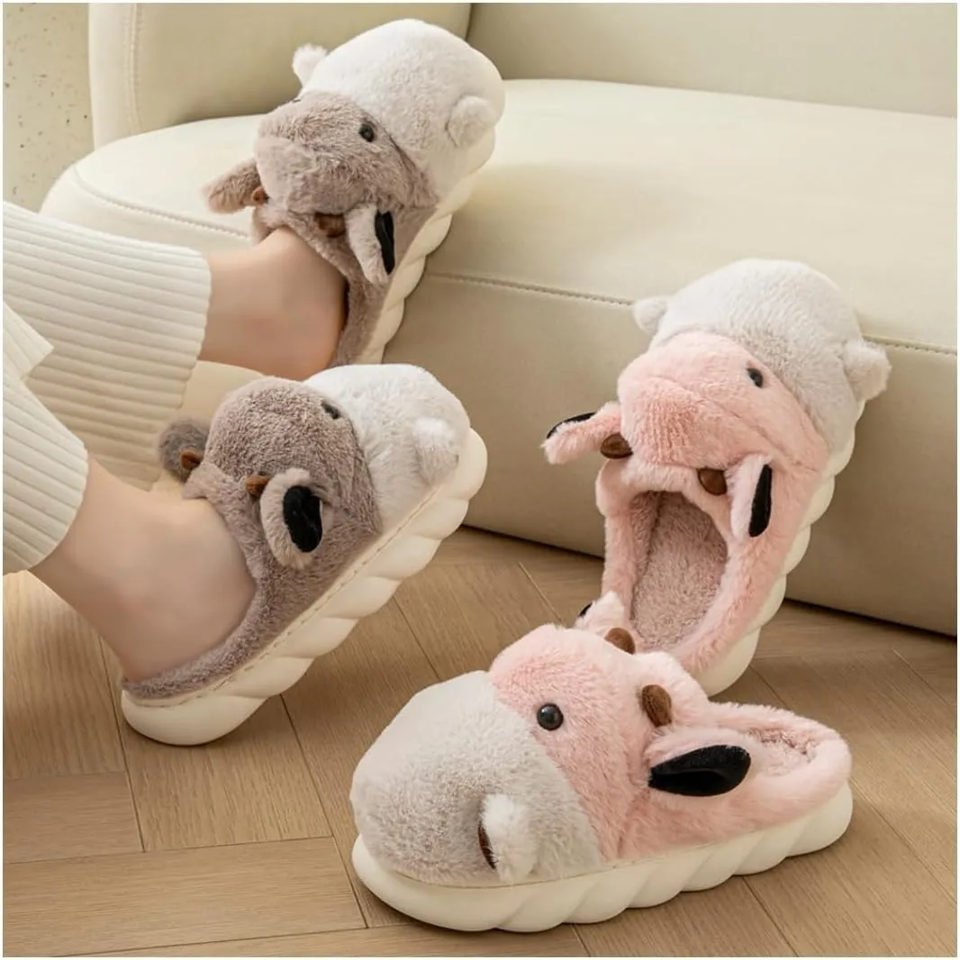 Baiyuruodie Women's & Men's Animal Slippers - Hippopotamus Design, Slip Resistant & Warm