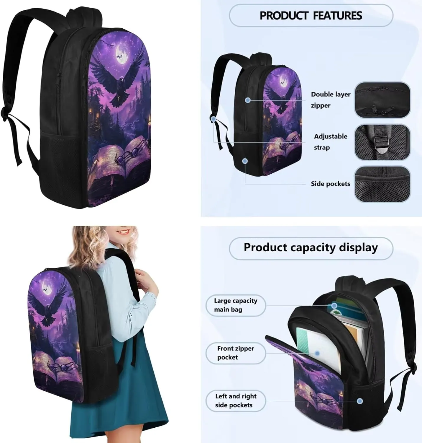 Bald Eagle Backpack for Girls Boys Elementary School Bookbag with Lunch Box Pencil Case and Bookmark Trendy Sturdy 4 in 1 Set School Baak Pack for 4th Grade Students
