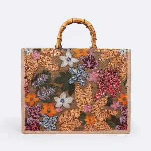 Bamboo Handle Floral Knit Sequin Tote Bag