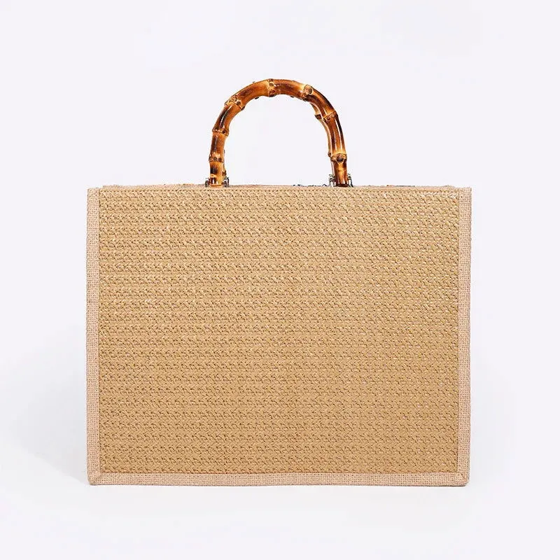 Bamboo Handle Floral Knit Sequin Tote Bag