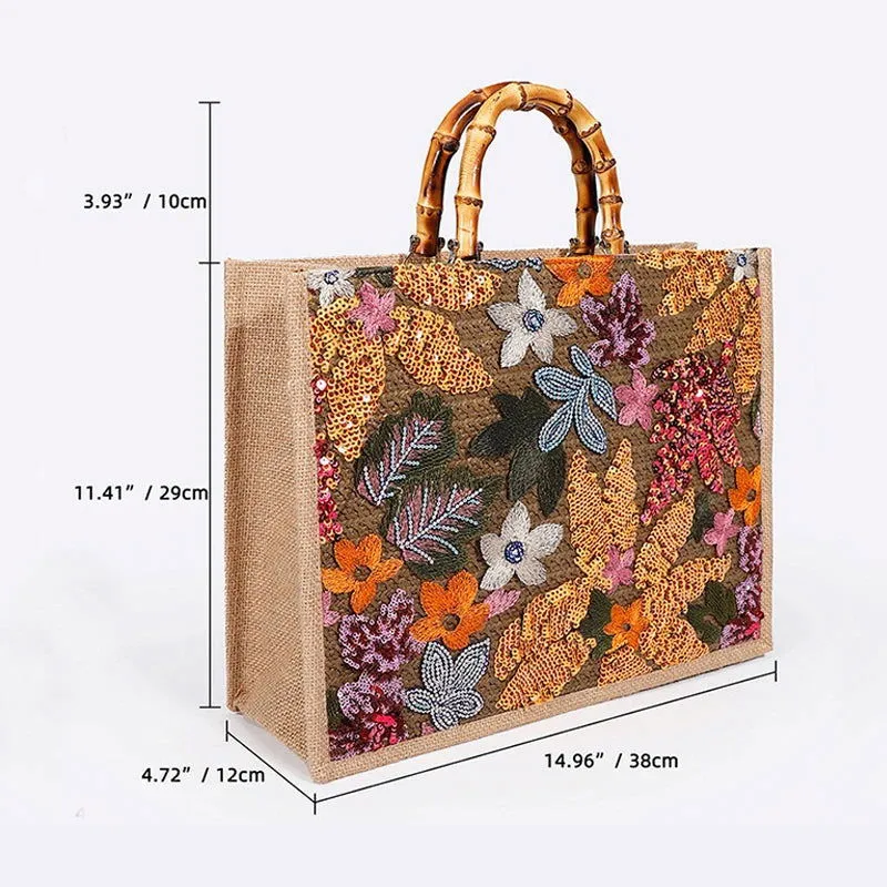 Bamboo Handle Floral Knit Sequin Tote Bag