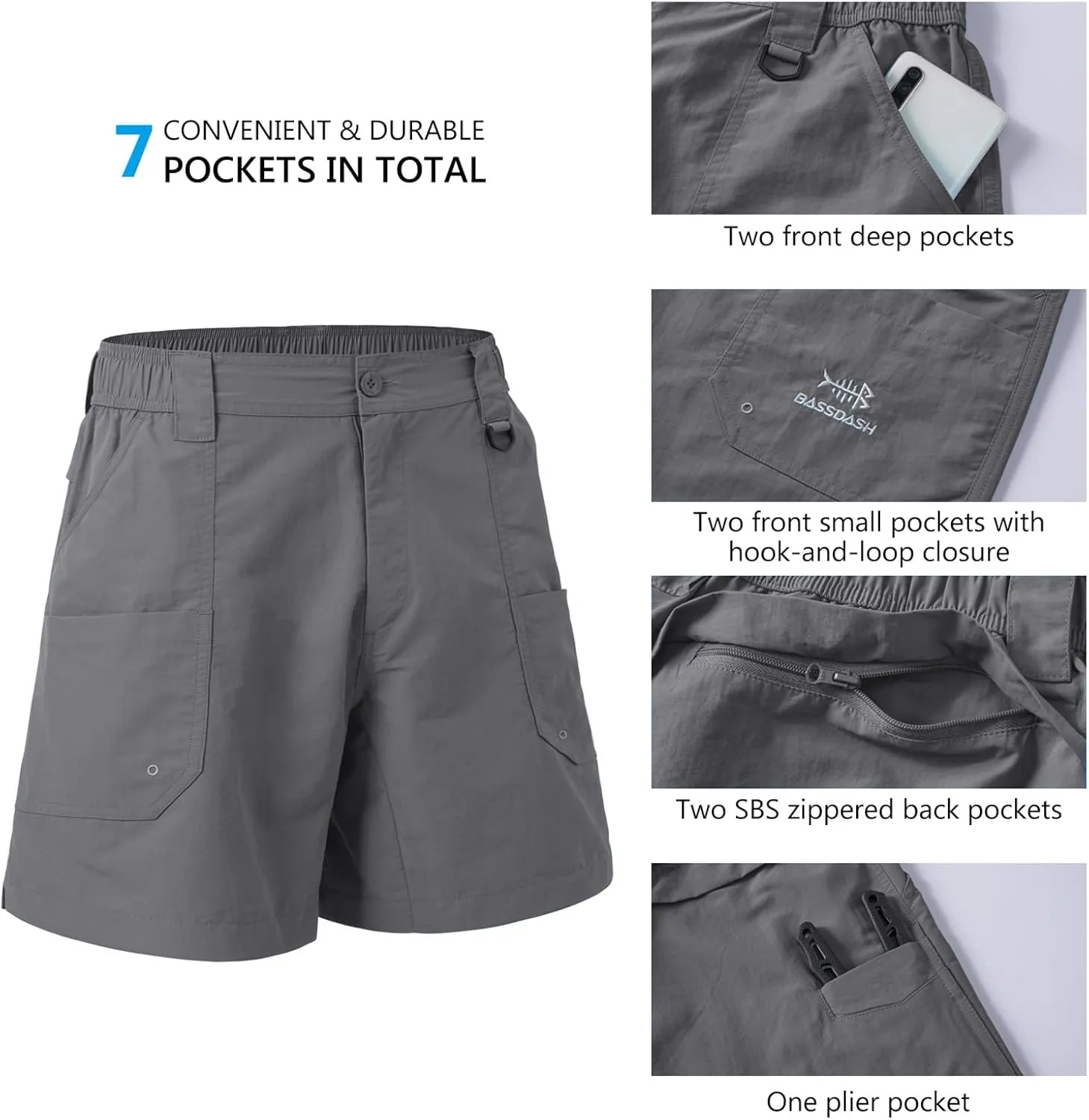 BASSDASH Youth 5" Fishing Shorts UPF 50  Water Resistant Quick Dry Boys Girls Hiking Cargo Shorts with Pockets FP03Y
