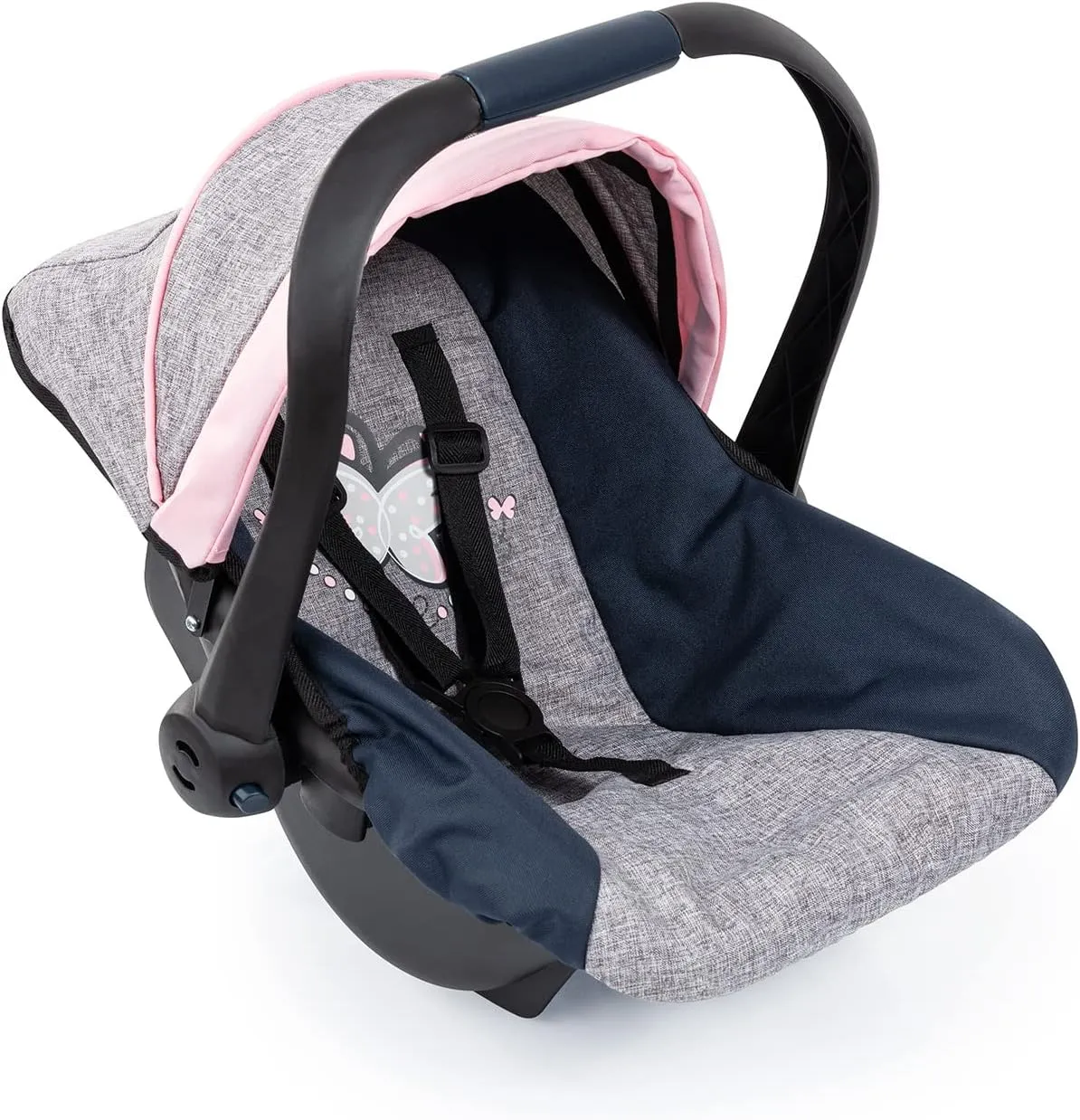 Bayer Design Dolls: Car Seat - Grey, Blue, Pink Butterfly - Fits Dolls Up to 18' Kids Pretend Play, Safety Belt, Sun Canopy, Accessory for -Plush Toys -Stuffed Animals & Dolls, Ages 3 