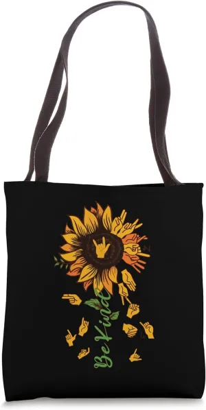 Be Kind Hippie Sunflower I Love You Deaf ASL Sign Language Tote Bag