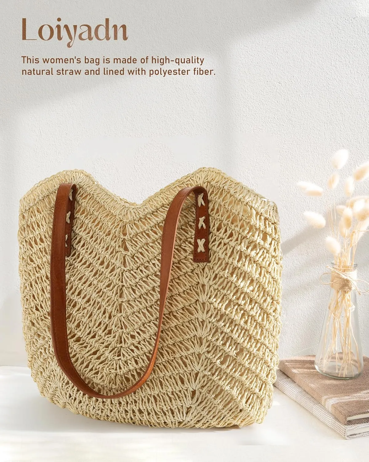 Beach Bags for Women - Straw Bag with Zipper, Soft Woven beach bag, Casual Straw Shoulder Bag for Daily Use