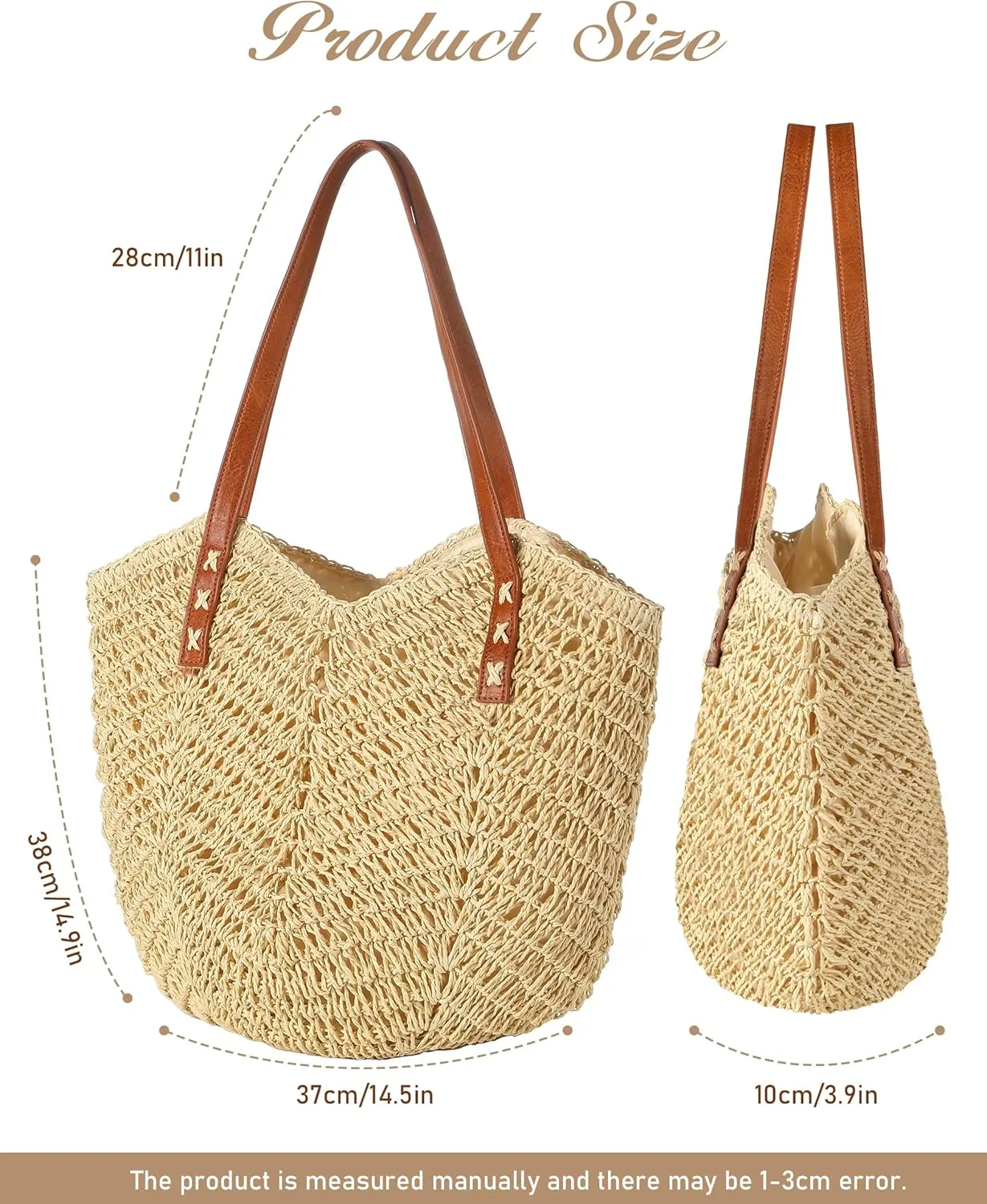 Beach Bags for Women - Straw Bag with Zipper, Soft Woven beach bag, Casual Straw Shoulder Bag for Daily Use