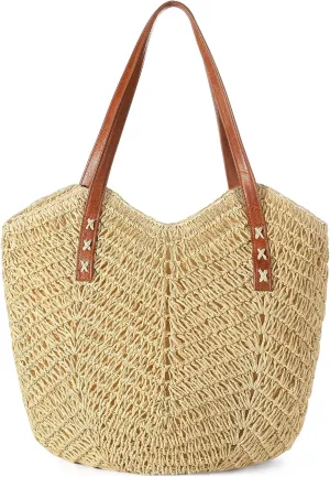 Beach Bags for Women - Straw Bag with Zipper, Soft Woven beach bag, Casual Straw Shoulder Bag for Daily Use