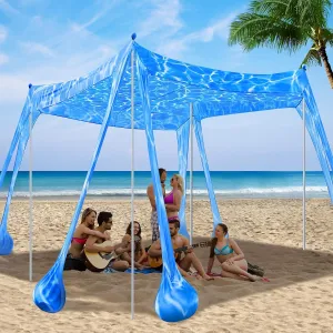Beach Tent Sun Shelter 10 x 10ft Beach Shade Canopy Upf50  Protection with 8 Sandbags and 4 Aluminum Poles, for for 6-8 People Outdoor Family Camping Fishing Yard Picnic