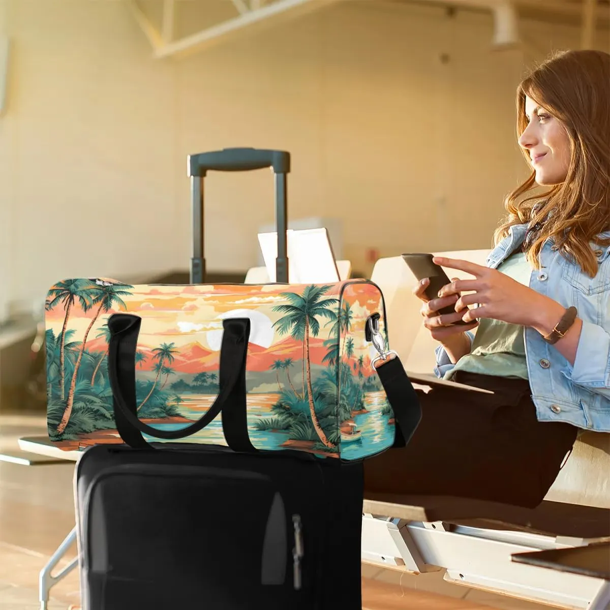 Beach Theme Travel Duffel Bag for Women Men Waterproof Foldable Overnight Weekender Bag Large Capacity Sports Gym Bag