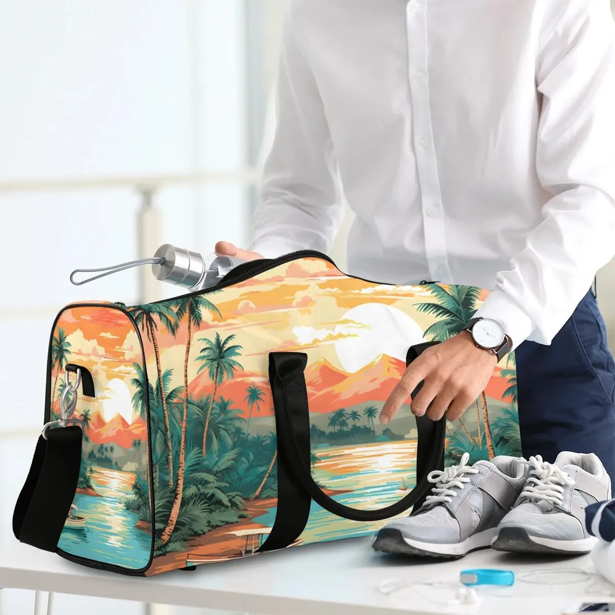 Beach Theme Travel Duffel Bag for Women Men Waterproof Foldable Overnight Weekender Bag Large Capacity Sports Gym Bag