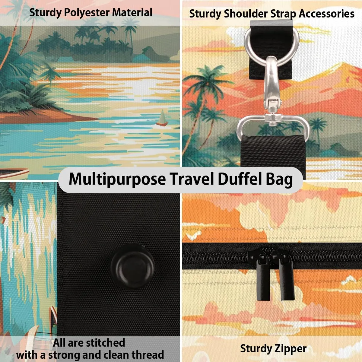 Beach Theme Travel Duffel Bag for Women Men Waterproof Foldable Overnight Weekender Bag Large Capacity Sports Gym Bag