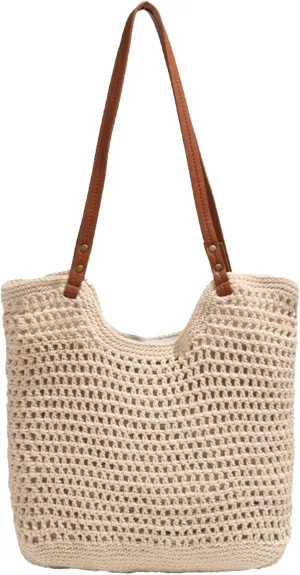 Beach Tote Bag Women Mesh Woven Crochet Lined 2024 Summer Knit Handbag PU Strap Zip Boho Travel Vacation