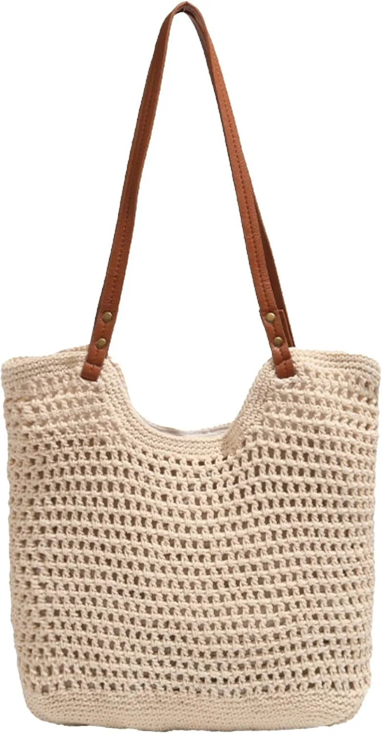 Beach Tote Bag Women Mesh Woven Crochet Lined 2024 Summer Knit Handbag PU Strap Zip Boho Travel Vacation