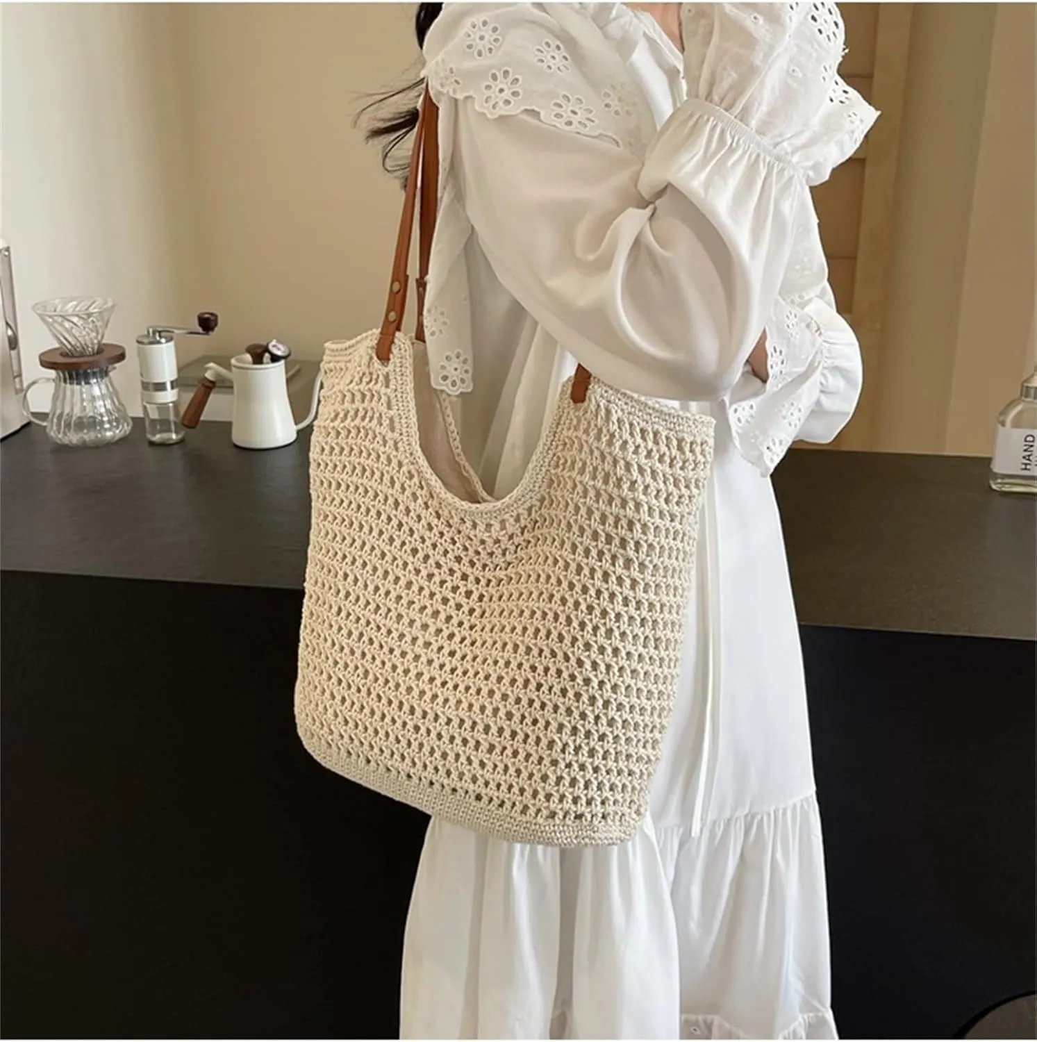 Beach Tote Bag Women Mesh Woven Crochet Lined 2024 Summer Knit Handbag PU Strap Zip Boho Travel Vacation