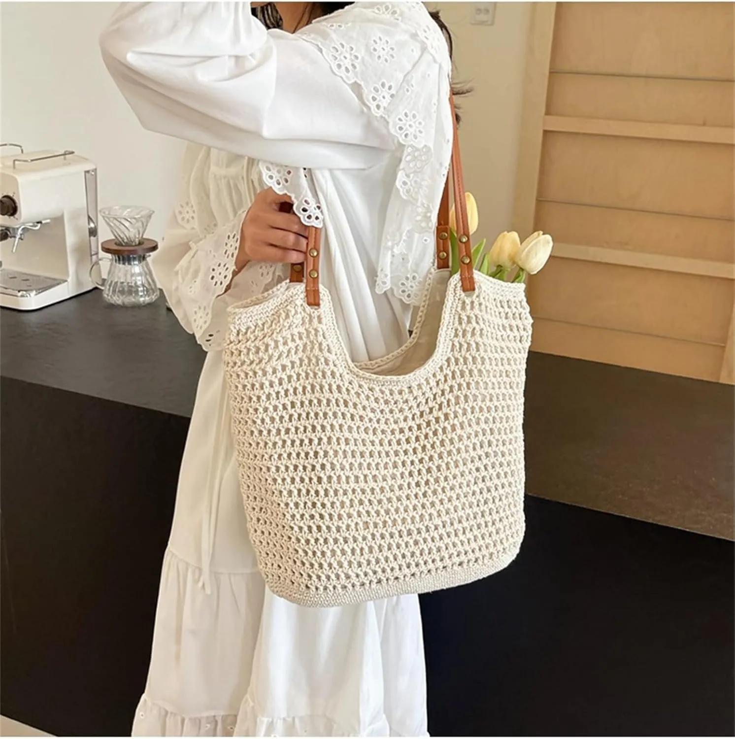 Beach Tote Bag Women Mesh Woven Crochet Lined 2024 Summer Knit Handbag PU Strap Zip Boho Travel Vacation