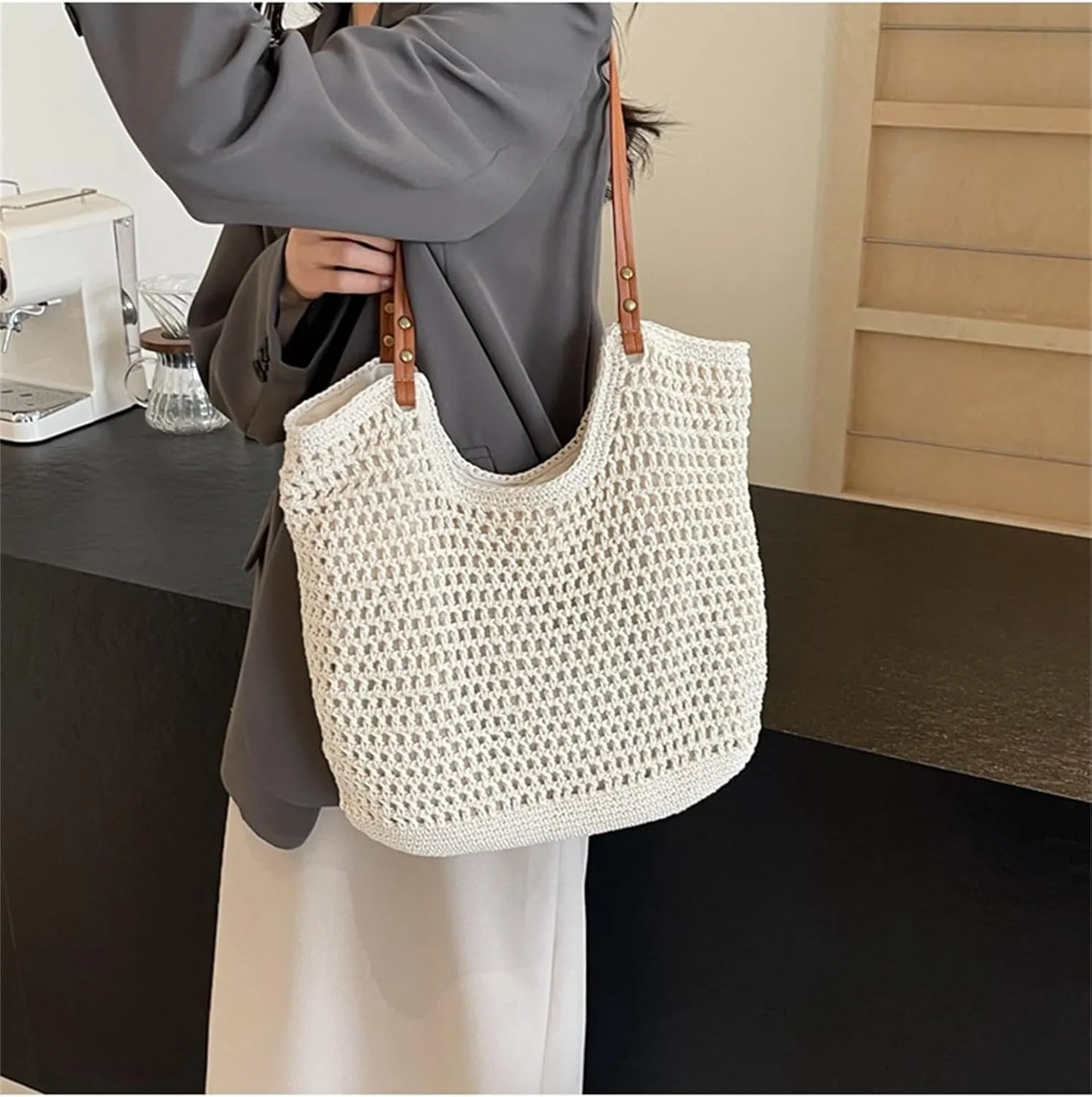 Beach Tote Bag Women Mesh Woven Crochet Lined 2024 Summer Knit Handbag PU Strap Zip Boho Travel Vacation